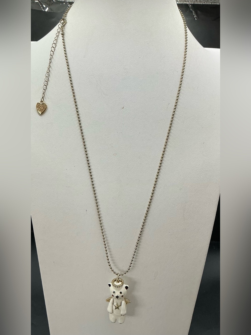 BETSEY JOHNSON GOLD TONE WHITE EMAMEL 3D ANGEL BEAR LONG PENDANT NECKLACE